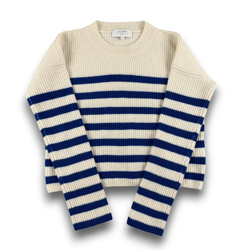 La Ligne Sweater Womens S Cream Blue Striped 100% Cashmere Ribbed Pullover - Picture 3 of 11